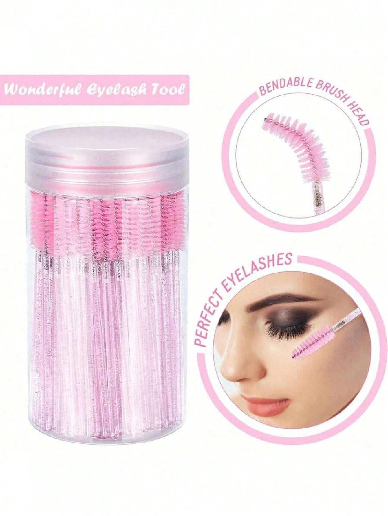 100PCS Crystal Pink Eyelash Brushes, Mascara Wands With Container, Bendable Eyebrow Spoolies, Lash Brush For Lash Extensions, Eyebrow Spoolie, Castor Oil Brushes