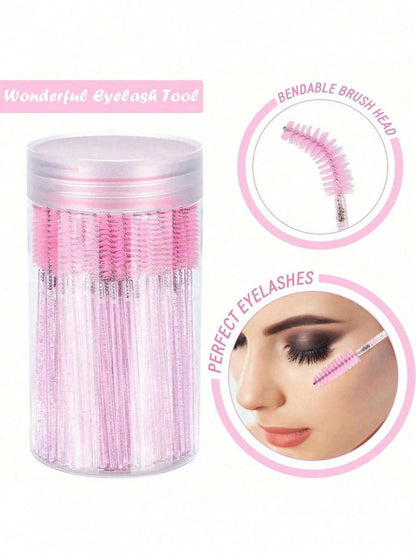 100PCS Crystal Pink Eyelash Brushes, Mascara Wands With Container, Bendable Eyebrow Spoolies, Lash Brush For Lash Extensions, Eyebrow Spoolie, Castor Oil Brushes