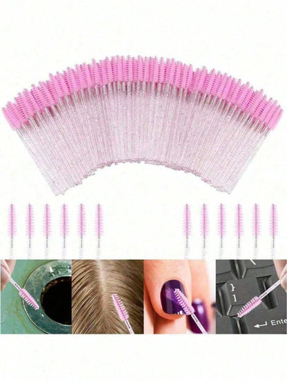 100PCS Crystal Pink Eyelash Brushes, Mascara Wands With Container, Bendable Eyebrow Spoolies, Lash Brush For Lash Extensions, Eyebrow Spoolie, Castor Oil Brushes