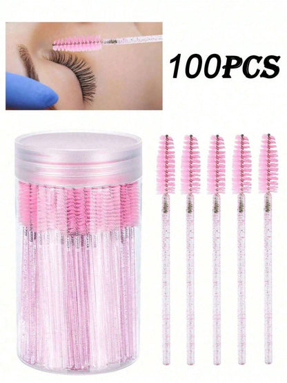 100PCS Crystal Pink Eyelash Brushes, Mascara Wands With Container, Bendable Eyebrow Spoolies, Lash Brush For Lash Extensions, Eyebrow Spoolie, Castor Oil Brushes
