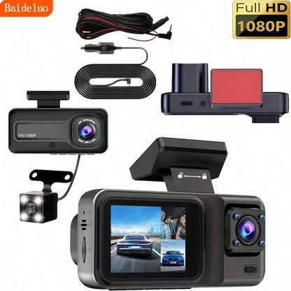 1080P 3-Channel Dash Cam- Front/Rear/Interior Recording, With Infrared Night Vision, Loop Recording, Wide Angle DVR, 2.0" IPS Screen, Car Video Recorder, 150mAh Lithium Battery