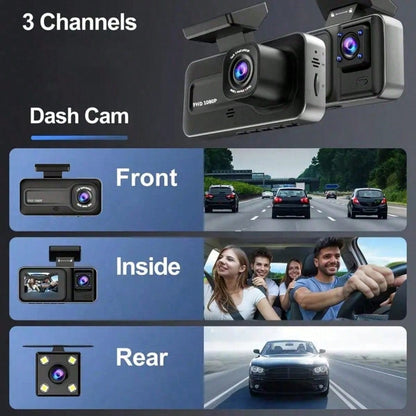 1080P 3-Channel Dash Cam- Front/Rear/Interior Recording, With Infrared Night Vision, Loop Recording, Wide Angle DVR, 2.0" IPS Screen, Car Video Recorder, 150mAh Lithium Battery