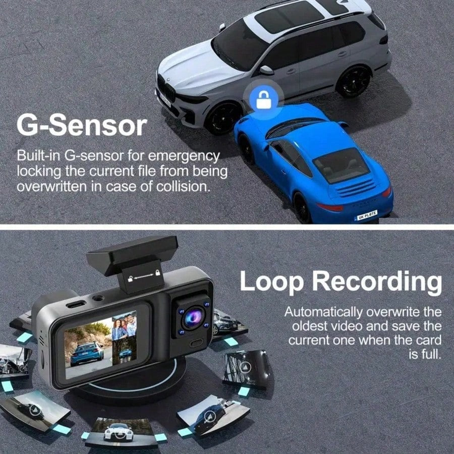 1080P 3-Channel Dash Cam- Front/Rear/Interior Recording, With Infrared Night Vision, Loop Recording, Wide Angle DVR, 2.0" IPS Screen, Car Video Recorder, 150mAh Lithium Battery