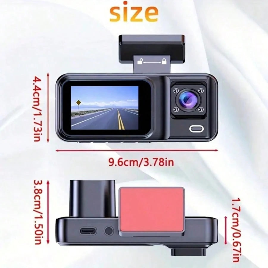 1080P 3-Channel Dash Cam- Front/Rear/Interior Recording, With Infrared Night Vision, Loop Recording, Wide Angle DVR, 2.0" IPS Screen, Car Video Recorder, 150mAh Lithium Battery