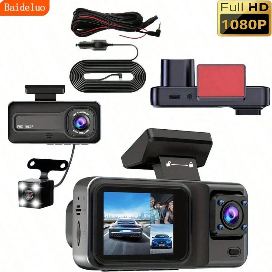1080P 3-Channel Dash Cam- Front/Rear/Interior Recording, With Infrared Night Vision, Loop Recording, Wide Angle DVR, 2.0" IPS Screen, Car Video Recorder, 150mAh Lithium Battery