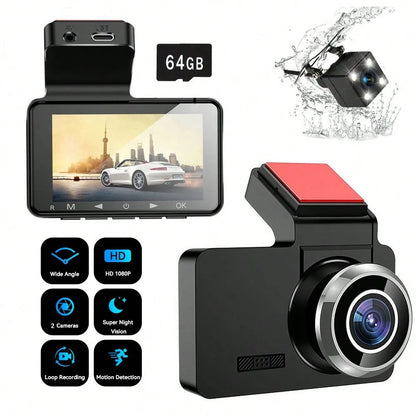 1080P HD Dual Dash Cam FULL HD Rearview Mirror Cam Camera Front Rear Video Recorder, LCD Display, Includes 64GB Memory Card