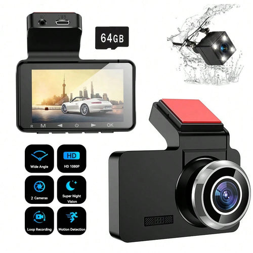 1080P HD Dual Dash Cam FULL HD Rearview Mirror Cam Camera Front Rear Video Recorder, LCD Display, Includes 64GB Memory Card