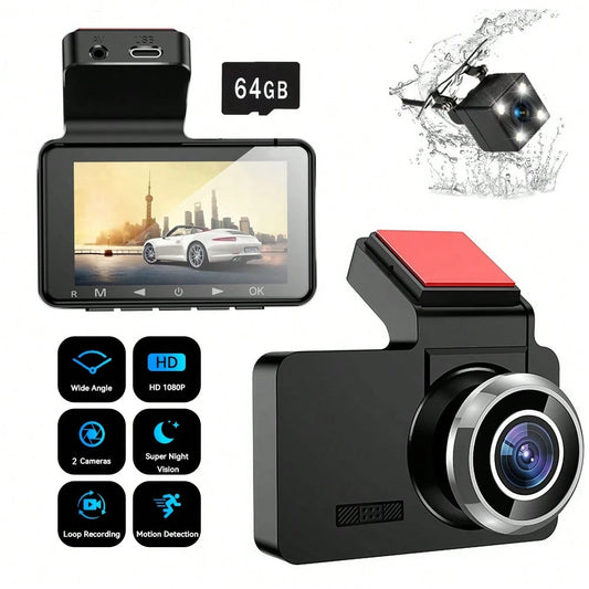 1080P HD Dual Dash Cam FULL HD Rearview Mirror Cam Camera Front Rear Video Recorder, LCD Display, Includes 64GB Memory Card