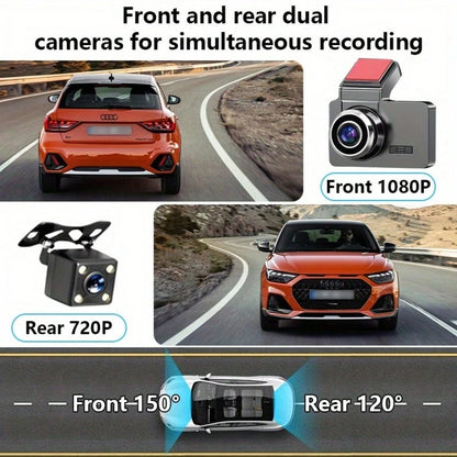 1080P HD Dual Dash Cam FULL HD Rearview Mirror Cam Camera Front Rear Video Recorder, LCD Display, Includes 64GB Memory Card