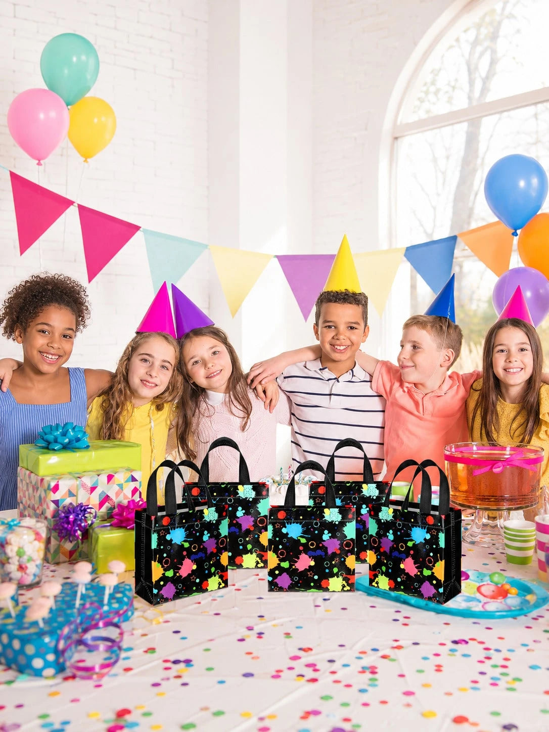 10pcs Glow-In-The-Dark Neon Theme Reusable Candy Tote Bags, Bulk Birthday Snack Gift Bags, Graffiti Splatter Party Favor Bags, Luminous Party Gift Bags With Handles, Spun Fabric Party Small Gift Bags