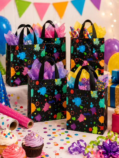 10pcs Glow-In-The-Dark Neon Theme Reusable Candy Tote Bags, Bulk Birthday Snack Gift Bags, Graffiti Splatter Party Favor Bags, Luminous Party Gift Bags With Handles, Spun Fabric Party Small Gift Bags