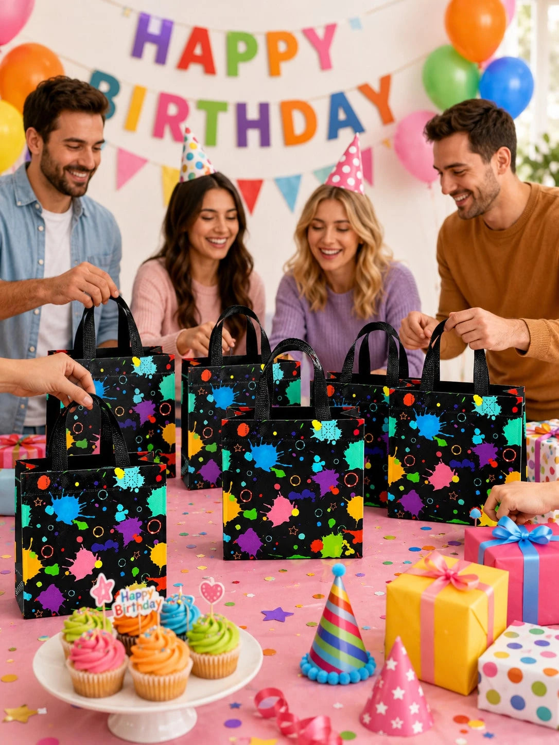 10pcs Glow-In-The-Dark Neon Theme Reusable Candy Tote Bags, Bulk Birthday Snack Gift Bags, Graffiti Splatter Party Favor Bags, Luminous Party Gift Bags With Handles, Spun Fabric Party Small Gift Bags