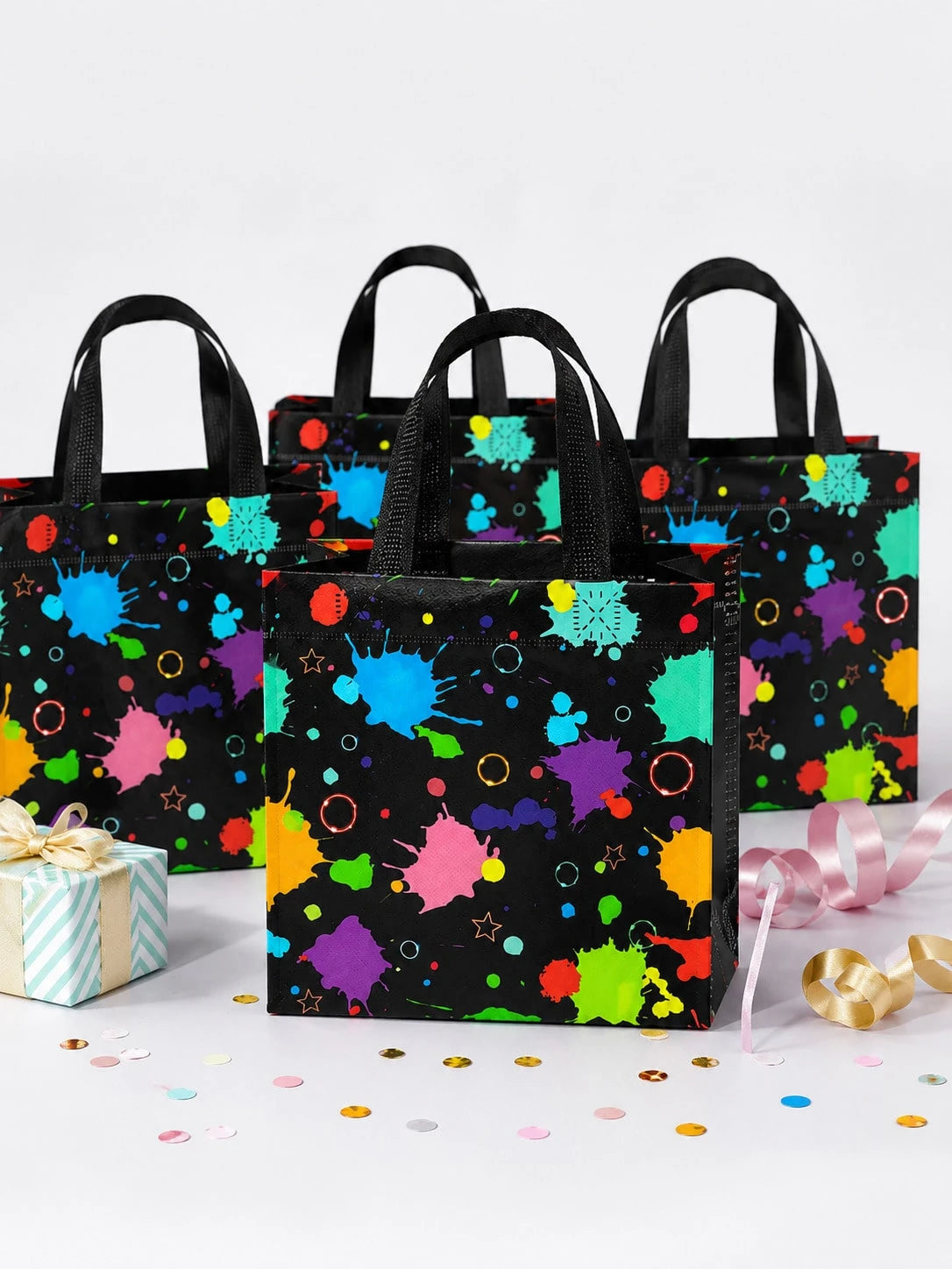 10pcs Glow-In-The-Dark Neon Theme Reusable Candy Tote Bags, Bulk Birthday Snack Gift Bags, Graffiti Splatter Party Favor Bags, Luminous Party Gift Bags With Handles, Spun Fabric Party Small Gift Bags