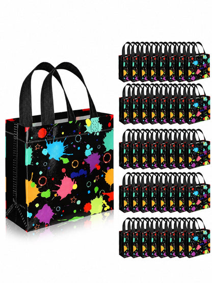 10pcs Glow-In-The-Dark Neon Theme Reusable Candy Tote Bags, Bulk Birthday Snack Gift Bags, Graffiti Splatter Party Favor Bags, Luminous Party Gift Bags With Handles, Spun Fabric Party Small Gift Bags