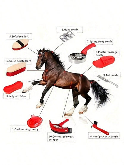 10pcs Horse Grooming Kit, Horse Care Set, Includes Horse Brush, Curry Comb, Hoof Pick, Sweat Scraper For Horse Riding Care