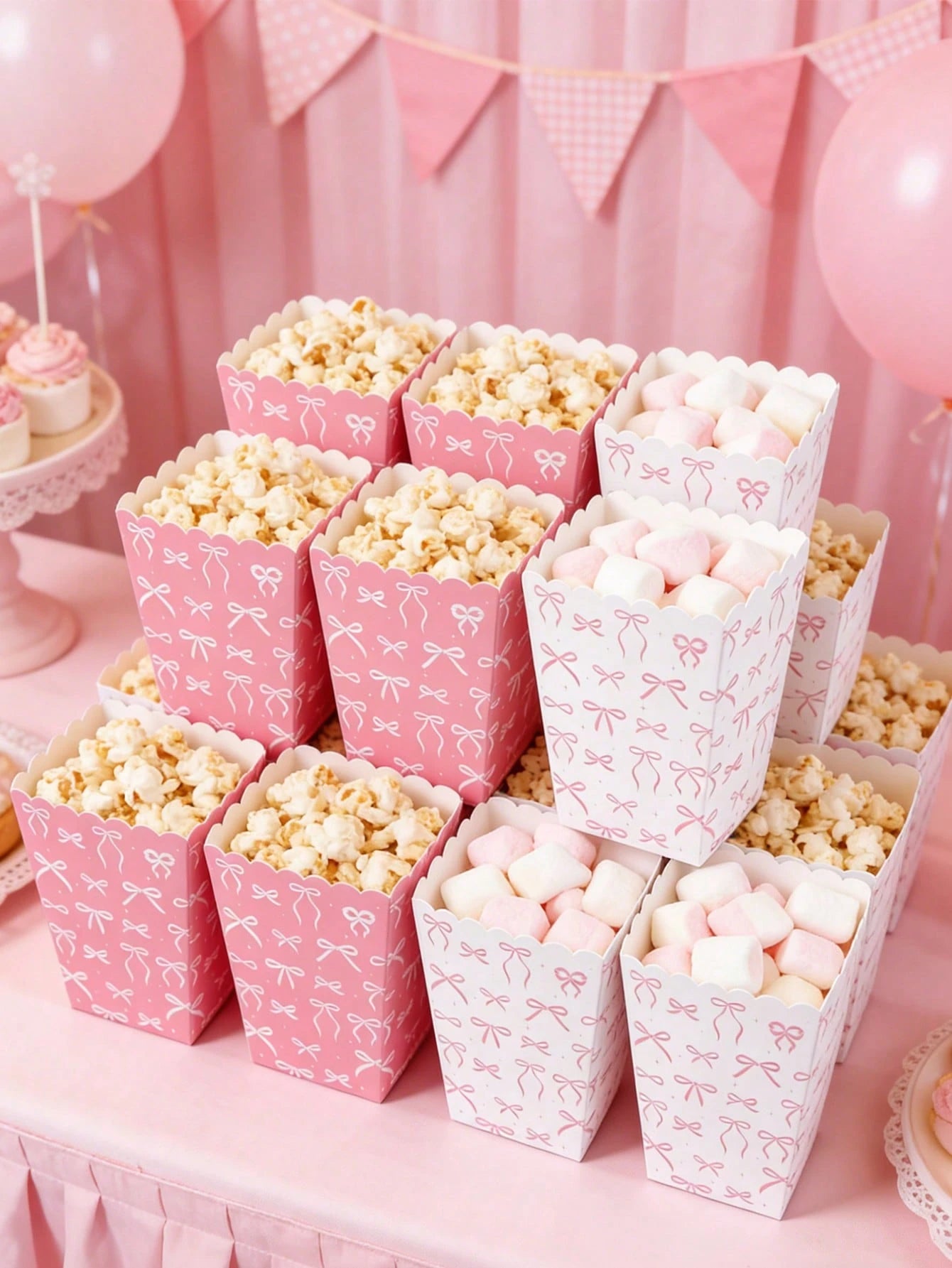 10pcs Pink Bow Paper Popcorn Boxes, Bow Themed Disposable Popcorn, Fries, Bread Containers For 1st Birthday Party, Baby Shower, Gender Reveal, Girl Birthday Party Decorations, Baby Shower Favors, Gift