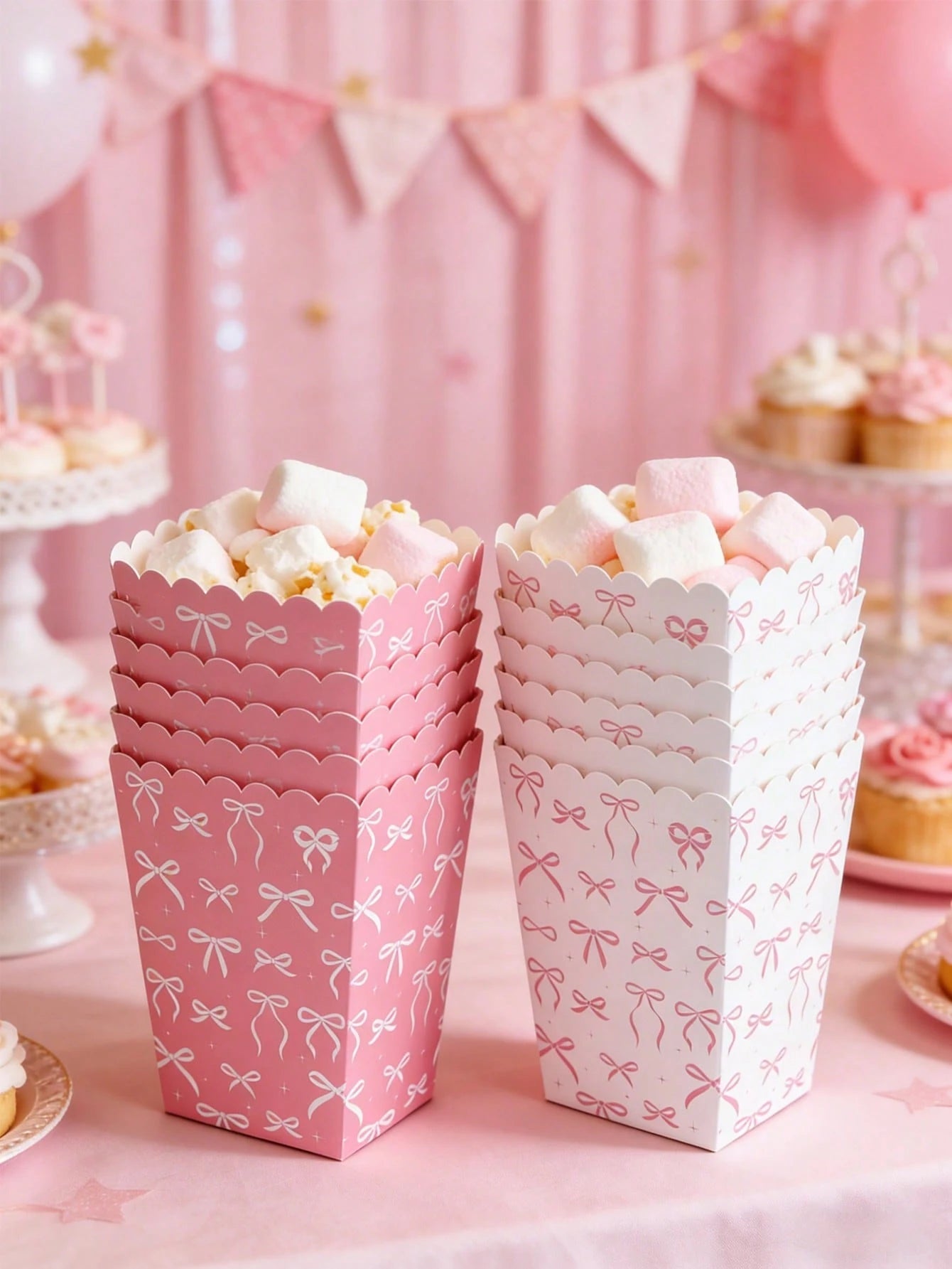 10pcs Pink Bow Paper Popcorn Boxes, Bow Themed Disposable Popcorn, Fries, Bread Containers For 1st Birthday Party, Baby Shower, Gender Reveal, Girl Birthday Party Decorations, Baby Shower Favors, Gift