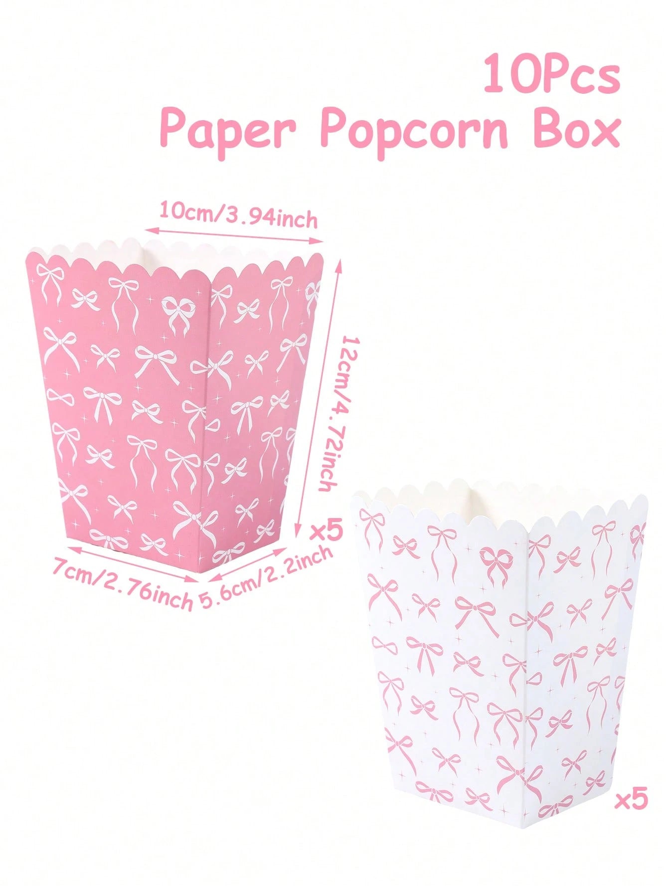 10pcs Pink Bow Paper Popcorn Boxes, Bow Themed Disposable Popcorn, Fries, Bread Containers For 1st Birthday Party, Baby Shower, Gender Reveal, Girl Birthday Party Decorations, Baby Shower Favors, Gift