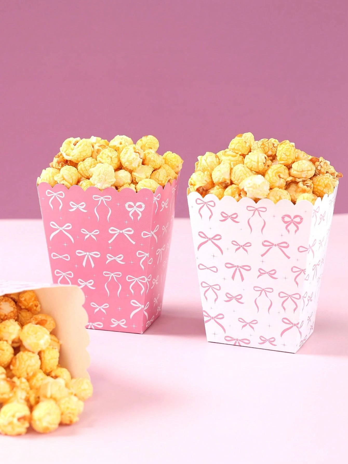 10pcs Pink Bow Paper Popcorn Boxes, Bow Themed Disposable Popcorn, Fries, Bread Containers For 1st Birthday Party, Baby Shower, Gender Reveal, Girl Birthday Party Decorations, Baby Shower Favors, Gift