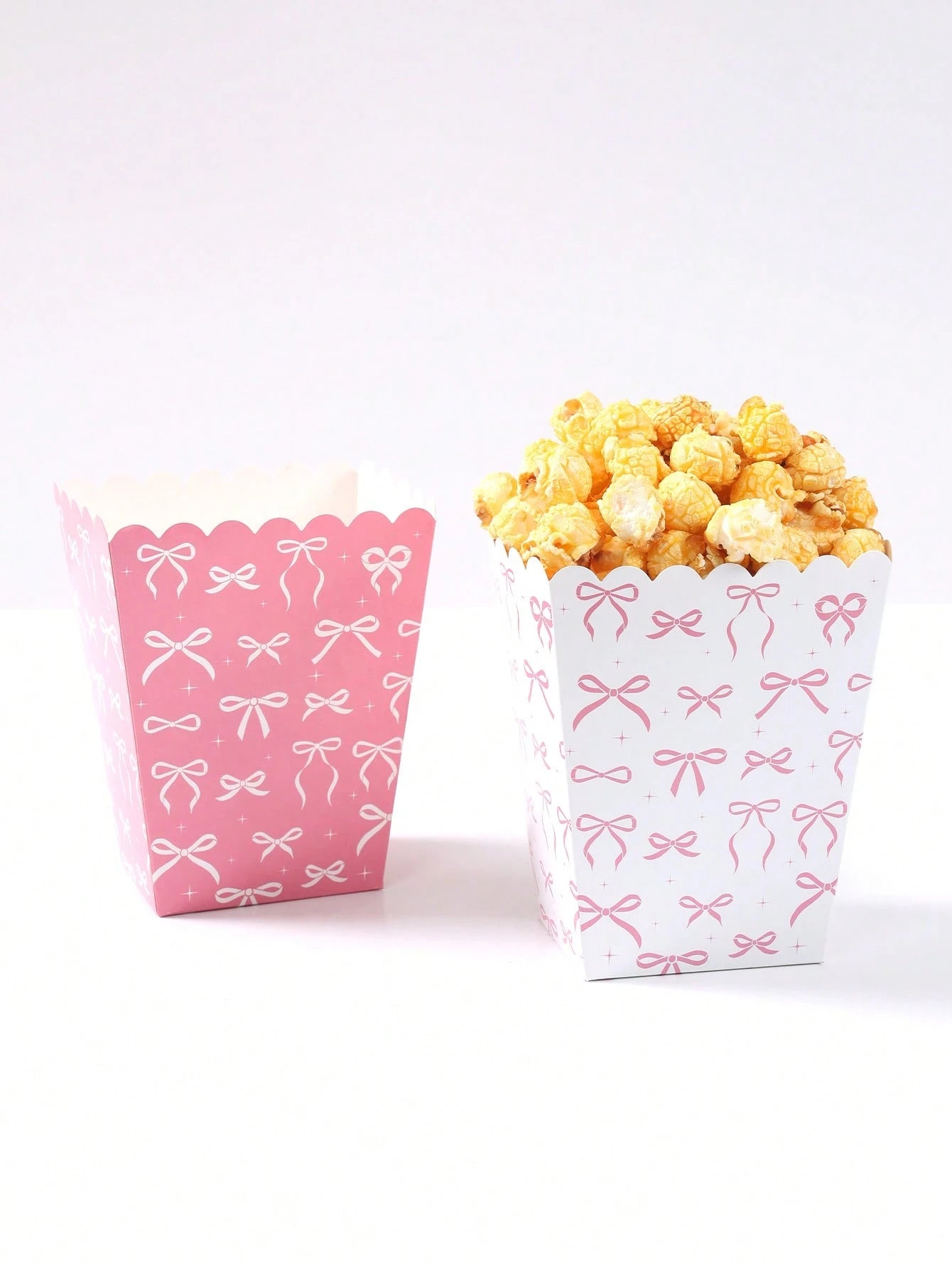 10pcs Pink Bow Paper Popcorn Boxes, Bow Themed Disposable Popcorn, Fries, Bread Containers For 1st Birthday Party, Baby Shower, Gender Reveal, Girl Birthday Party Decorations, Baby Shower Favors, Gift