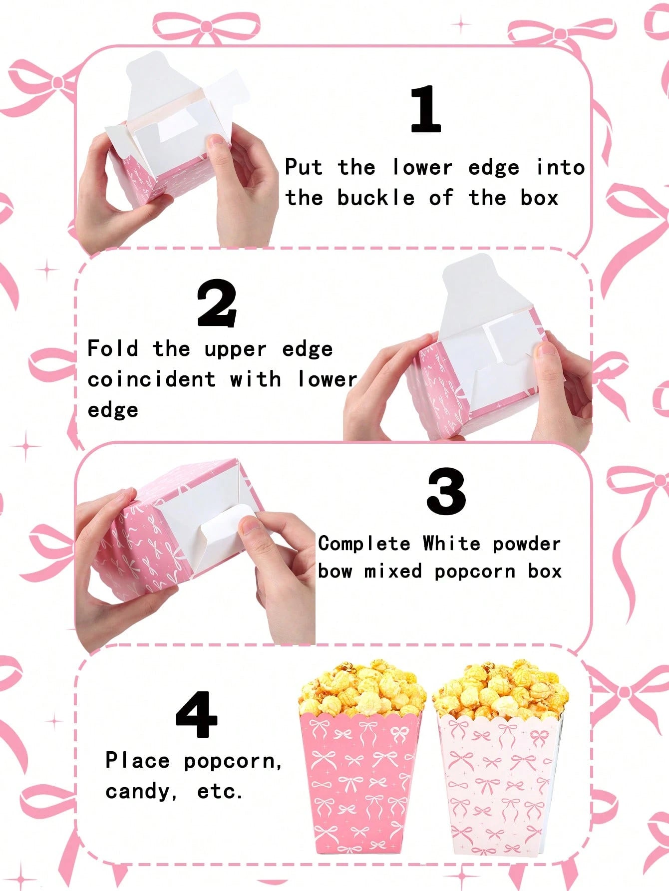 10pcs Pink Bow Paper Popcorn Boxes, Bow Themed Disposable Popcorn, Fries, Bread Containers For 1st Birthday Party, Baby Shower, Gender Reveal, Girl Birthday Party Decorations, Baby Shower Favors, Gift