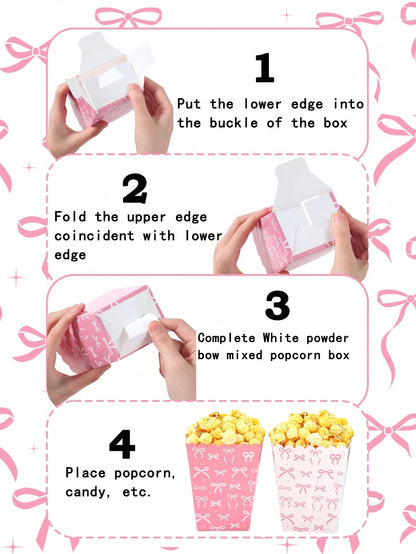 10pcs Pink Bow Paper Popcorn Boxes, Bow Themed Disposable Popcorn, Fries, Bread Containers For 1st Birthday Party, Baby Shower, Gender Reveal, Girl Birthday Party Decorations, Baby Shower Favors, Gift