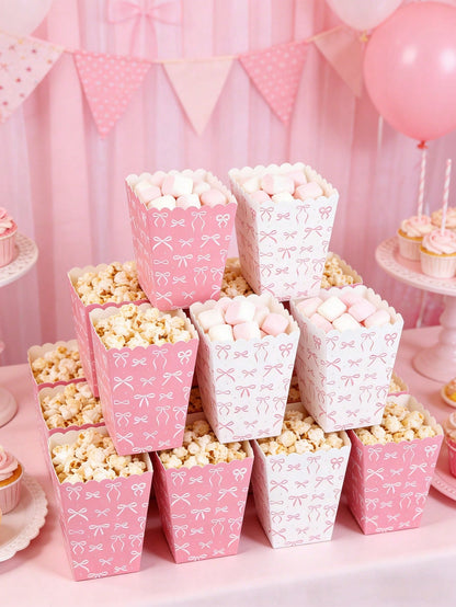10pcs Pink Bow Paper Popcorn Boxes, Bow Themed Disposable Popcorn, Fries, Bread Containers For 1st Birthday Party, Baby Shower, Gender Reveal, Girl Birthday Party Decorations, Baby Shower Favors, Gift
