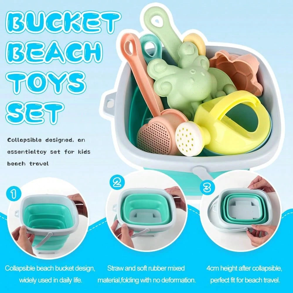11Pcs Beach Toy Set For Kids, Collapsible Silicone Bucket & Shovels Set With Sand Molds, Beach Essentials For Outdoor Play Summer Fun