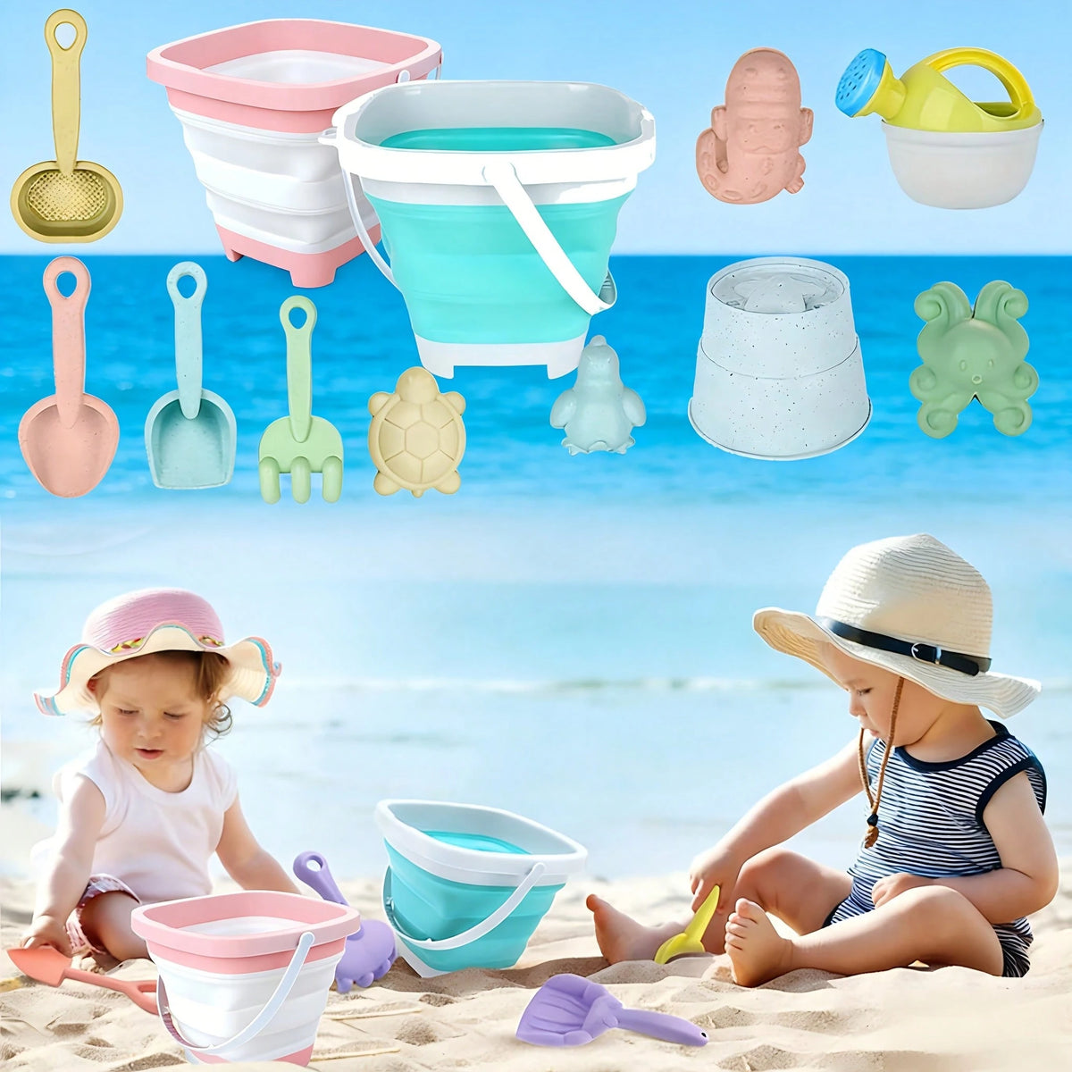 11Pcs Beach Toy Set For Kids, Collapsible Silicone Bucket & Shovels Set With Sand Molds, Beach Essentials For Outdoor Play Summer Fun