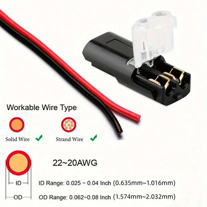 12pcs/60pcs Dual-Wire Insertion Connector, 2-Pin 2-Port, PVC Insulated, Copper Contact Material, Quick Connect Terminal, No-Load Power Mode, With Locking Clip, For LED Wire Connection In Automotive An