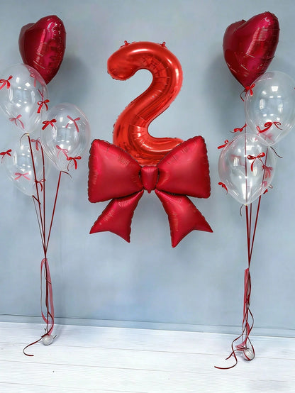 12pcs Birthday Decoration Set, Large Red Bow Foil Balloons, 40-Inch Red 0-9 Birthday Number Balloons, 18-Inch Red Heart Balloons, Clear Latex Balloons (With Balloon Ribbons), Suitable For Birthday Par