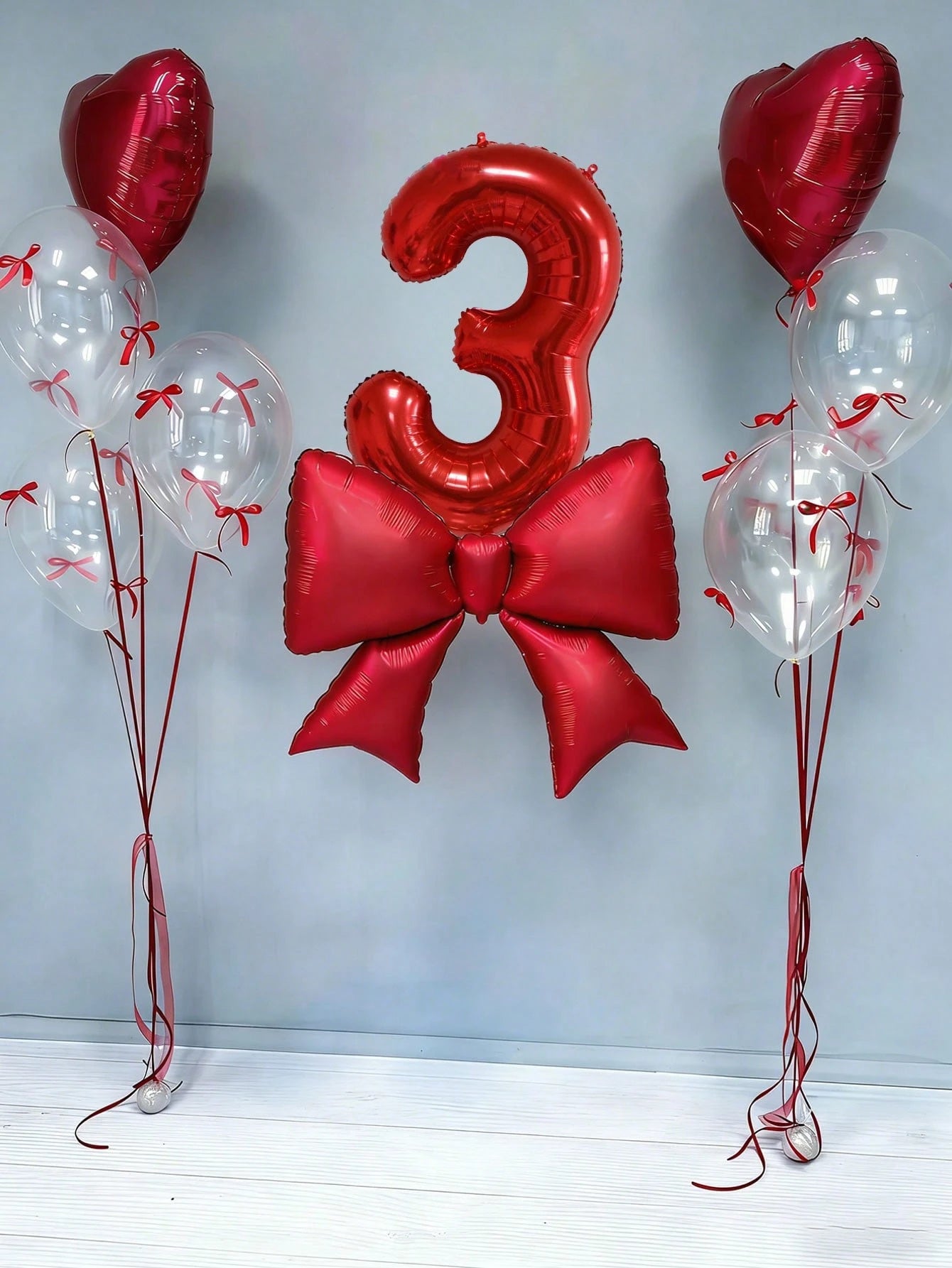 12pcs Birthday Decoration Set, Large Red Bow Foil Balloons, 40-Inch Red 0-9 Birthday Number Balloons, 18-Inch Red Heart Balloons, Clear Latex Balloons (With Balloon Ribbons), Suitable For Birthday Par