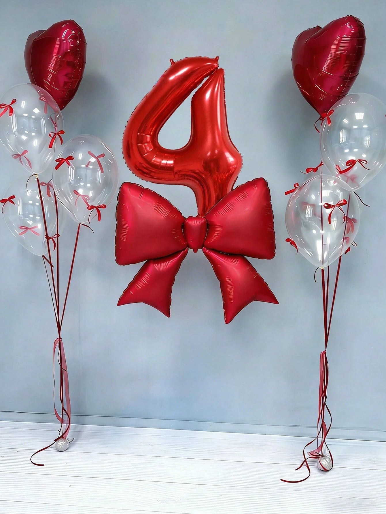 12pcs Birthday Decoration Set, Large Red Bow Foil Balloons, 40-Inch Red 0-9 Birthday Number Balloons, 18-Inch Red Heart Balloons, Clear Latex Balloons (With Balloon Ribbons), Suitable For Birthday Par