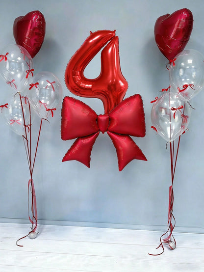 12pcs Birthday Decoration Set, Large Red Bow Foil Balloons, 40-Inch Red 0-9 Birthday Number Balloons, 18-Inch Red Heart Balloons, Clear Latex Balloons (With Balloon Ribbons), Suitable For Birthday Par