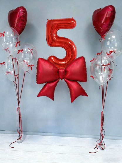 12pcs Birthday Decoration Set, Large Red Bow Foil Balloons, 40-Inch Red 0-9 Birthday Number Balloons, 18-Inch Red Heart Balloons, Clear Latex Balloons (With Balloon Ribbons), Suitable For Birthday Par