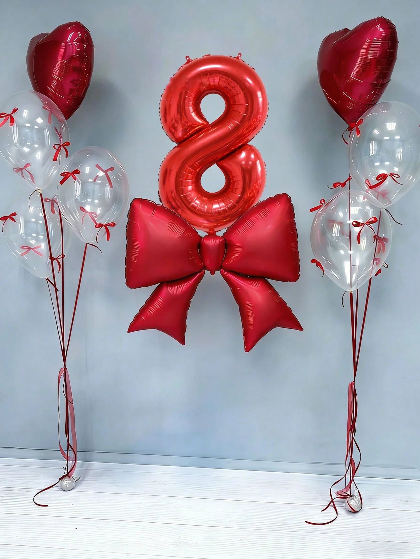 12pcs Birthday Decoration Set, Large Red Bow Foil Balloons, 40-Inch Red 0-9 Birthday Number Balloons, 18-Inch Red Heart Balloons, Clear Latex Balloons (With Balloon Ribbons), Suitable For Birthday Par