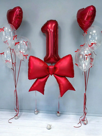 12pcs Birthday Decoration Set, Large Red Bow Foil Balloons, 40-Inch Red 0-9 Birthday Number Balloons, 18-Inch Red Heart Balloons, Clear Latex Balloons (With Balloon Ribbons), Suitable For Birthday Par
