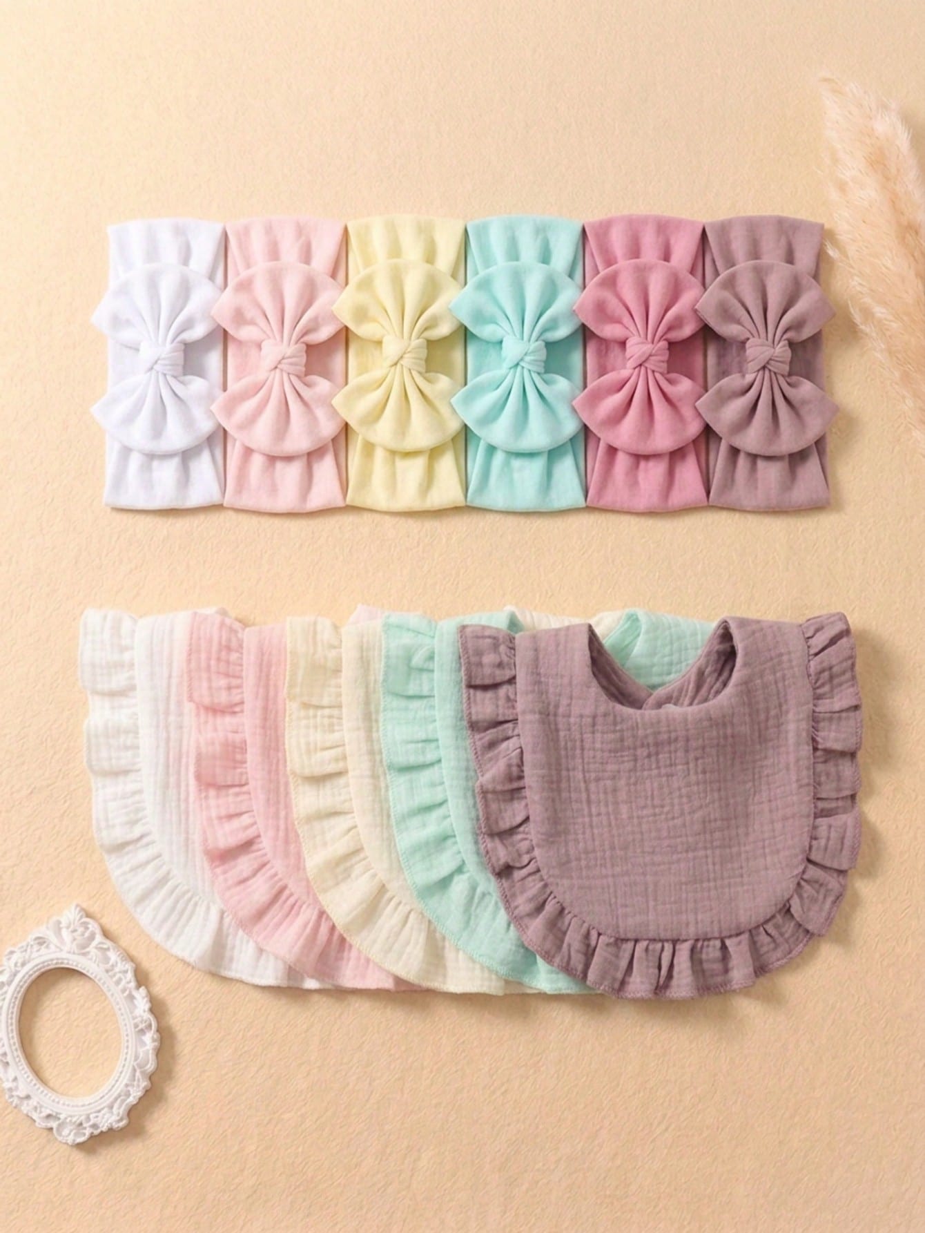 12PCS Newborn 3D Bow Headband + Ruched Texture Baby Bib, Minimalist Milk Style Multi-Color Baby Fontanelle Protection Hair Accessory Set