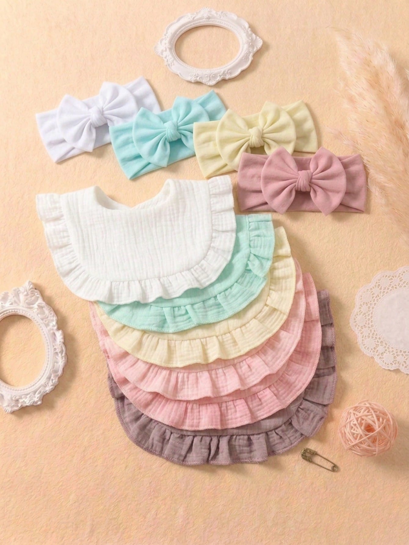 12PCS Newborn 3D Bow Headband + Ruched Texture Baby Bib, Minimalist Milk Style Multi-Color Baby Fontanelle Protection Hair Accessory Set