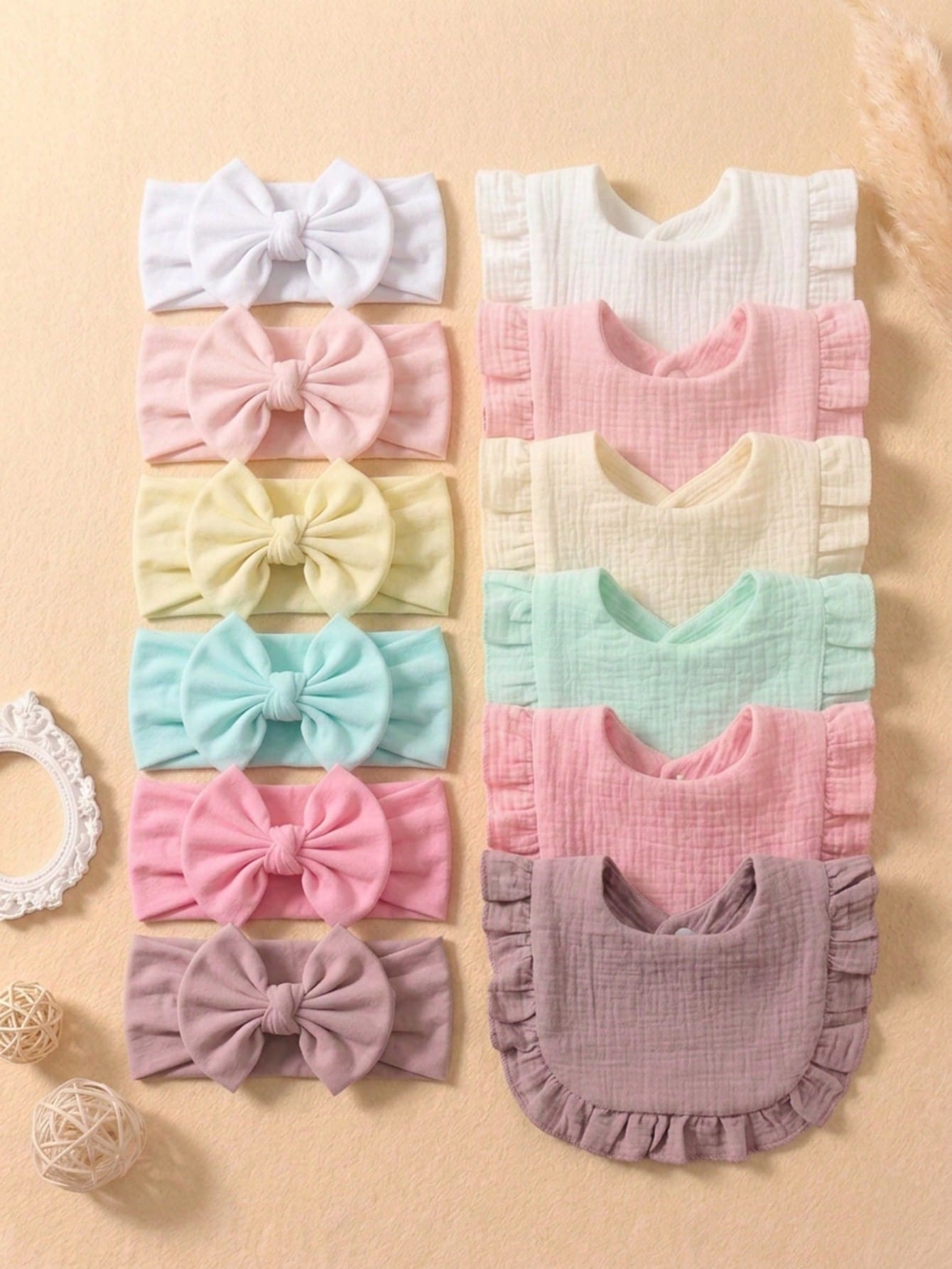 12PCS Newborn 3D Bow Headband + Ruched Texture Baby Bib, Minimalist Milk Style Multi-Color Baby Fontanelle Protection Hair Accessory Set