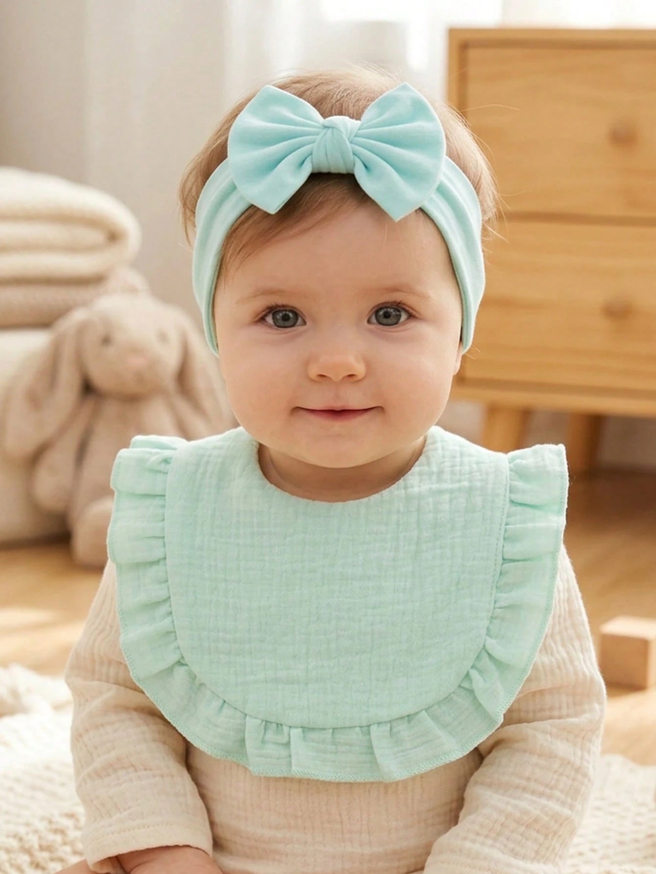 12PCS Newborn 3D Bow Headband + Ruched Texture Baby Bib, Minimalist Milk Style Multi-Color Baby Fontanelle Protection Hair Accessory Set