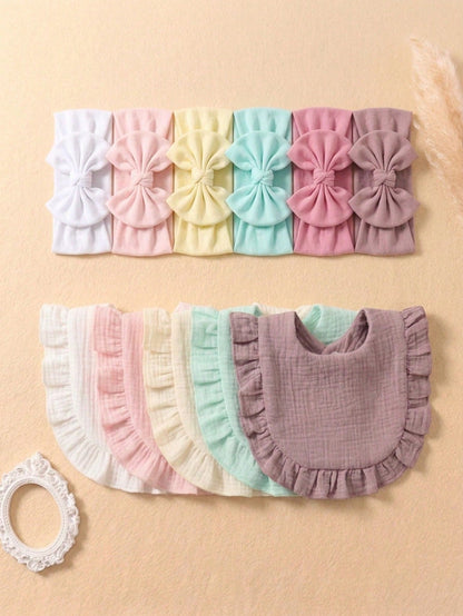 12PCS Newborn 3D Bow Headband + Ruched Texture Baby Bib, Minimalist Milk Style Multi-Color Baby Fontanelle Protection Hair Accessory Set