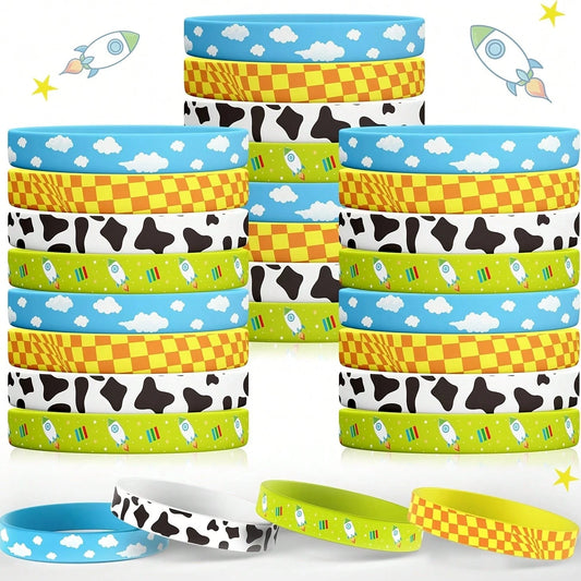 12pcs Random Cartoon Bracelet Party Favor Set, Cow Print Farm Animal Story Theme Wristbands, Birthday Party Gifts, Country Farm Style Party Supplies And Gift Bag Fillers