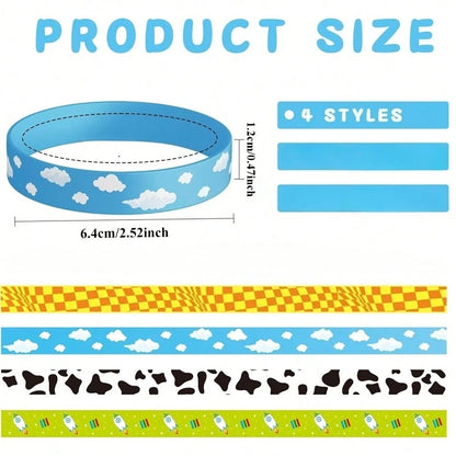 12pcs Random Cartoon Bracelet Party Favor Set, Cow Print Farm Animal Story Theme Wristbands, Birthday Party Gifts, Country Farm Style Party Supplies And Gift Bag Fillers