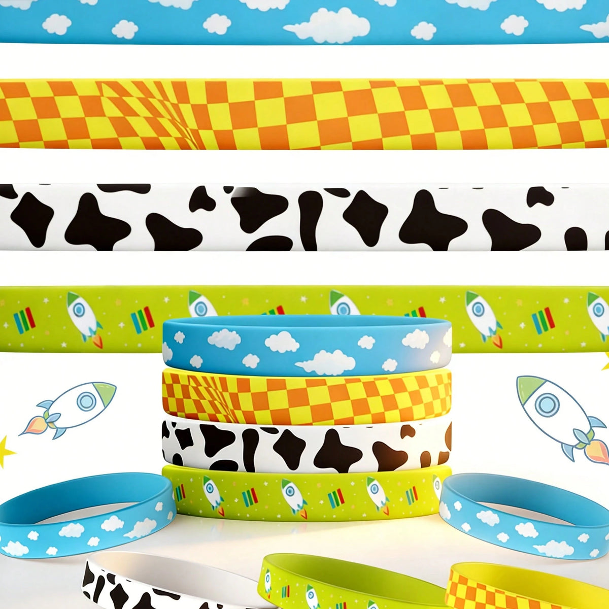 12pcs Random Cartoon Bracelet Party Favor Set, Cow Print Farm Animal Story Theme Wristbands, Birthday Party Gifts, Country Farm Style Party Supplies And Gift Bag Fillers