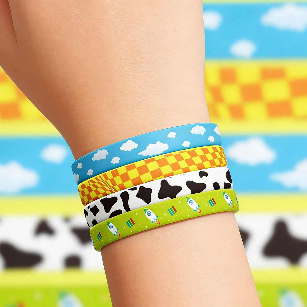 12pcs Random Cartoon Bracelet Party Favor Set, Cow Print Farm Animal Story Theme Wristbands, Birthday Party Gifts, Country Farm Style Party Supplies And Gift Bag Fillers