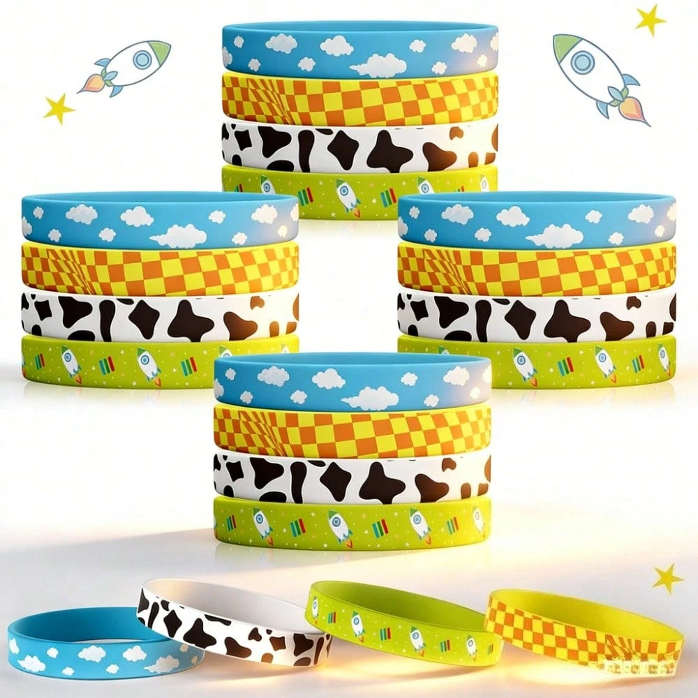 12pcs Random Cartoon Bracelet Party Favor Set, Cow Print Farm Animal Story Theme Wristbands, Birthday Party Gifts, Country Farm Style Party Supplies And Gift Bag Fillers