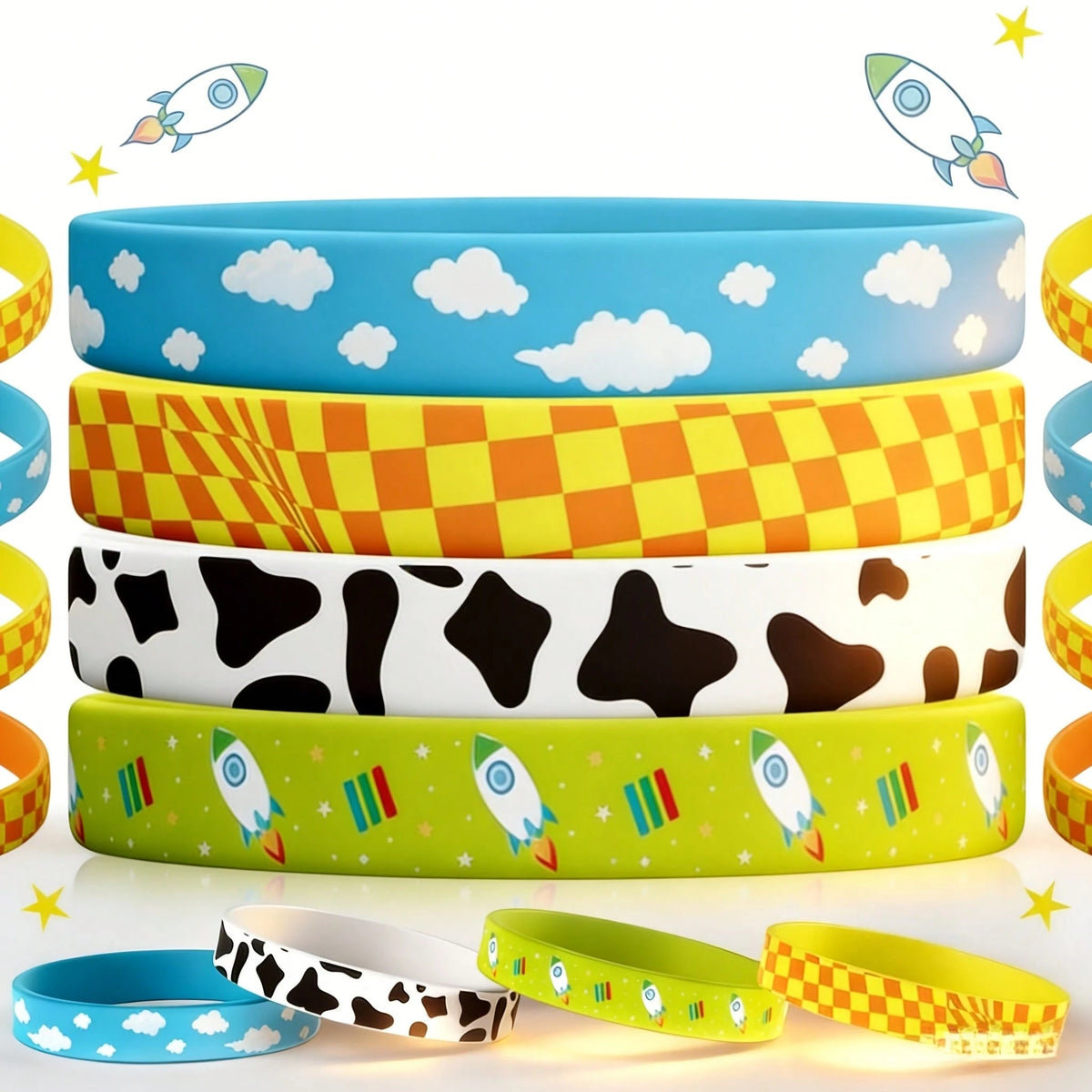 12pcs Random Cartoon Bracelet Party Favor Set, Cow Print Farm Animal Story Theme Wristbands, Birthday Party Gifts, Country Farm Style Party Supplies And Gift Bag Fillers