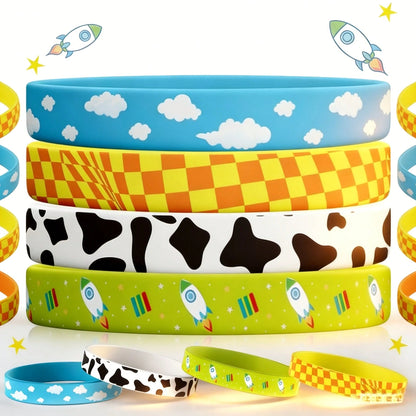 12pcs Random Cartoon Bracelet Party Favor Set, Cow Print Farm Animal Story Theme Wristbands, Birthday Party Gifts, Country Farm Style Party Supplies And Gift Bag Fillers