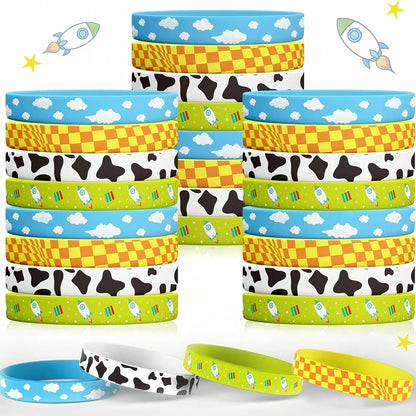 12pcs Random Cartoon Bracelet Party Favor Set, Cow Print Farm Animal Story Theme Wristbands, Birthday Party Gifts, Country Farm Style Party Supplies And Gift Bag Fillers